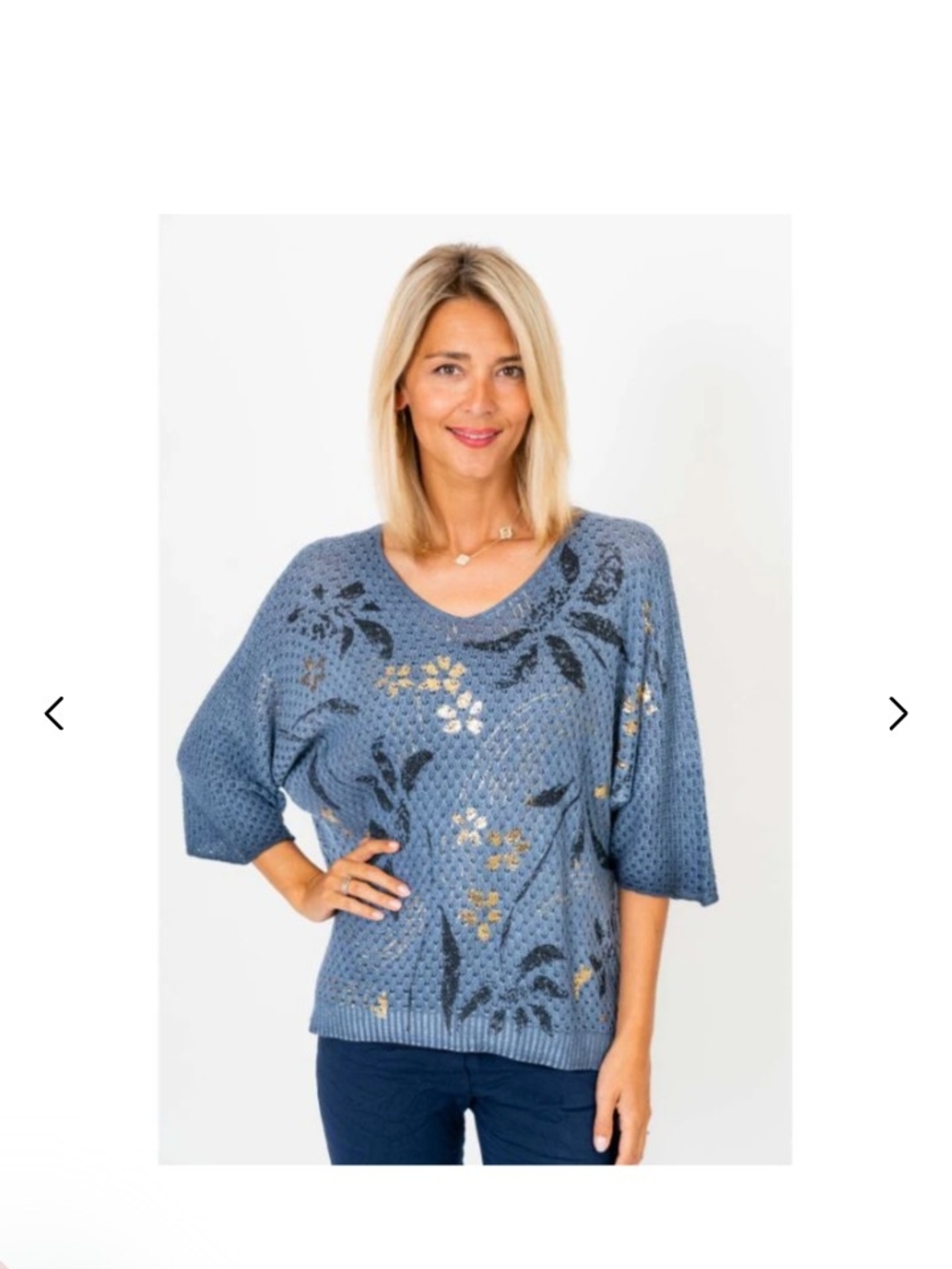 M Made In Italy One Size Modal Viscose Slate Blue W Gold Open Knit Sweater Top